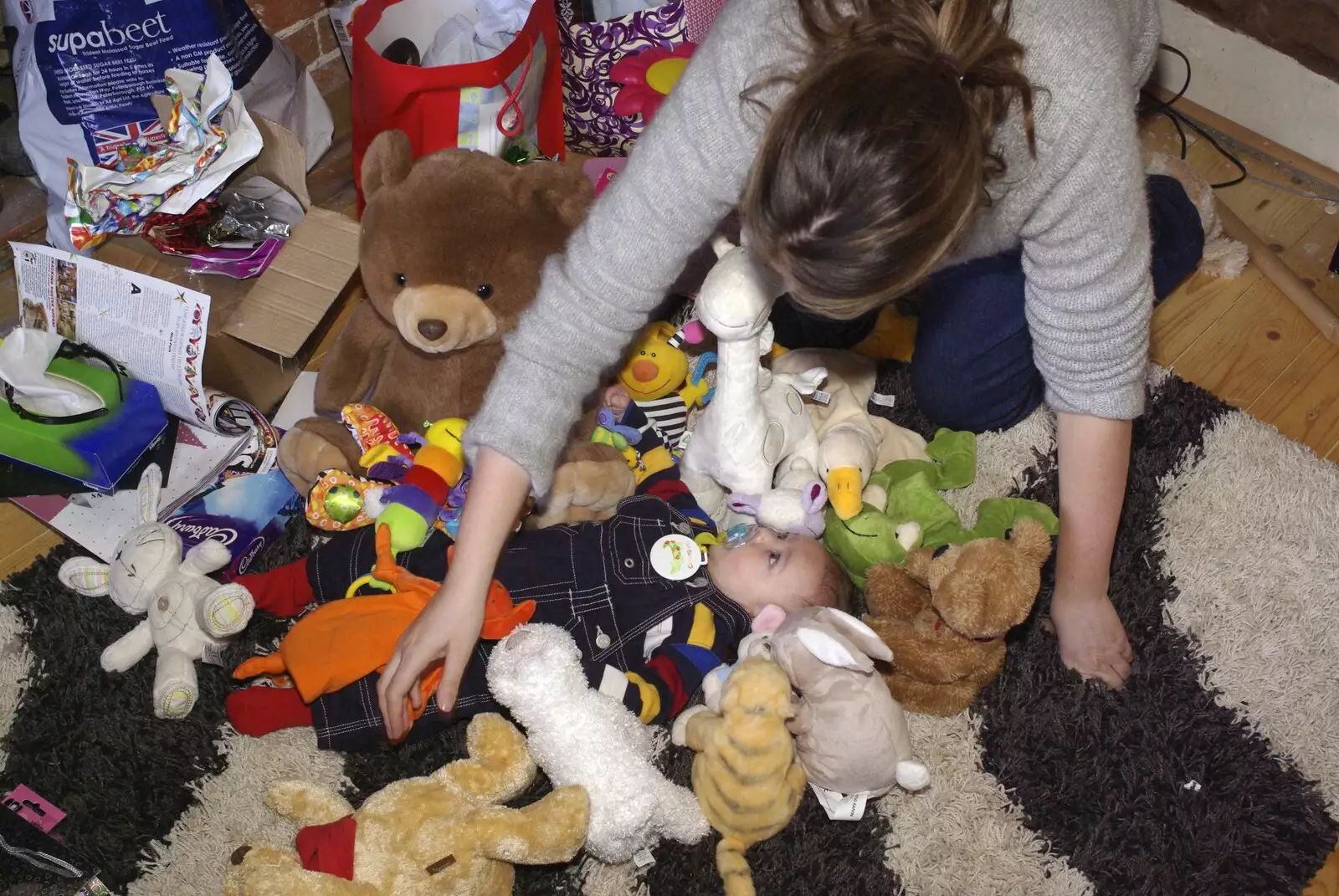 Fred's surrounded by stuffed toys, from Fred's First Christmas, Brome, Suffolk - 25th December 2008