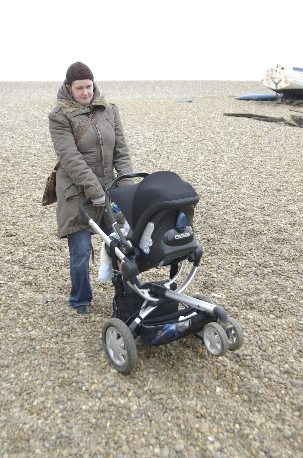 Isobel hauls the buggy about on the beach from Aldeburgh Lifeboats with The Old Chap, and a Night at Amandines, Diss, Norfolk - 1st March 2009