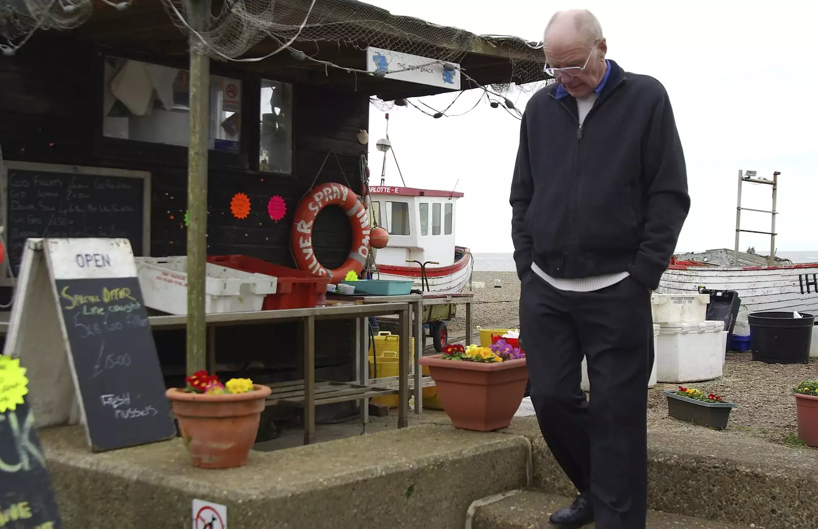 The Old Chap climbs some steps outside a fish stall, from Aldeburgh Lifeboats with The Old Chap, and a Night at Amandines, Diss, Norfolk - 1st March 2009