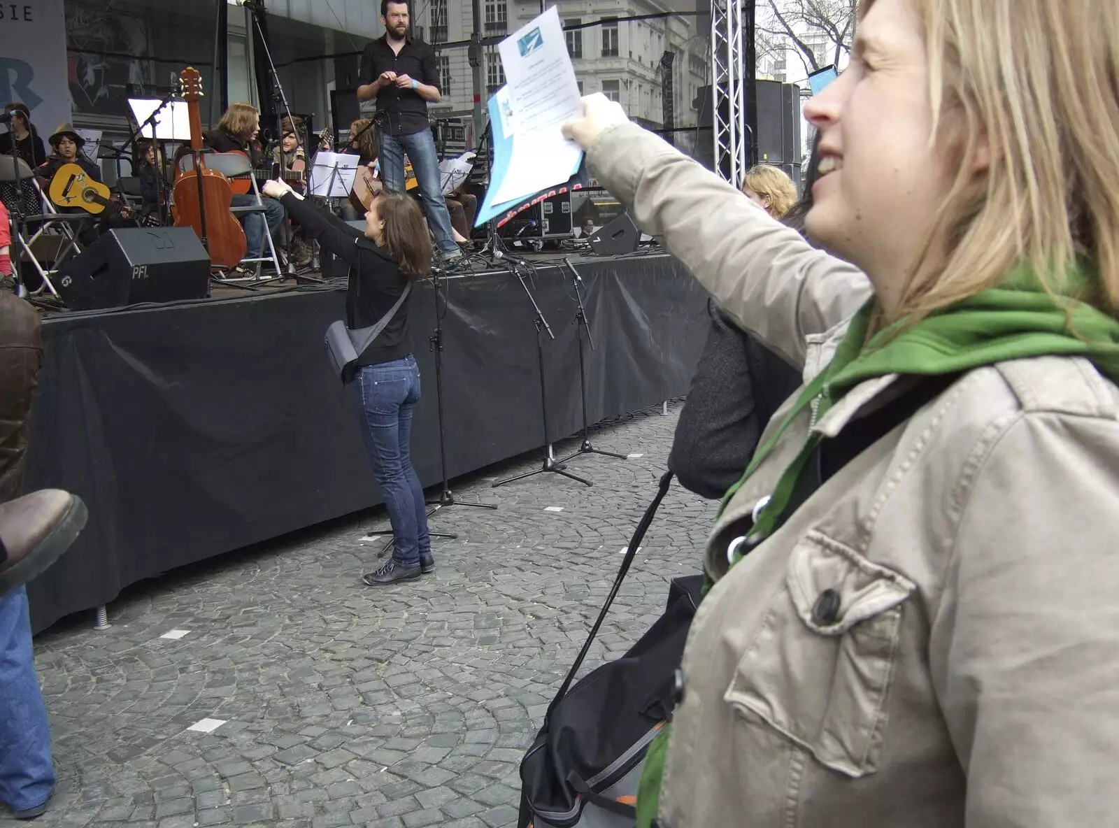 Jules waves some leaflets around, from A Day Trip to Brussels, Belgium - 5th April 2009