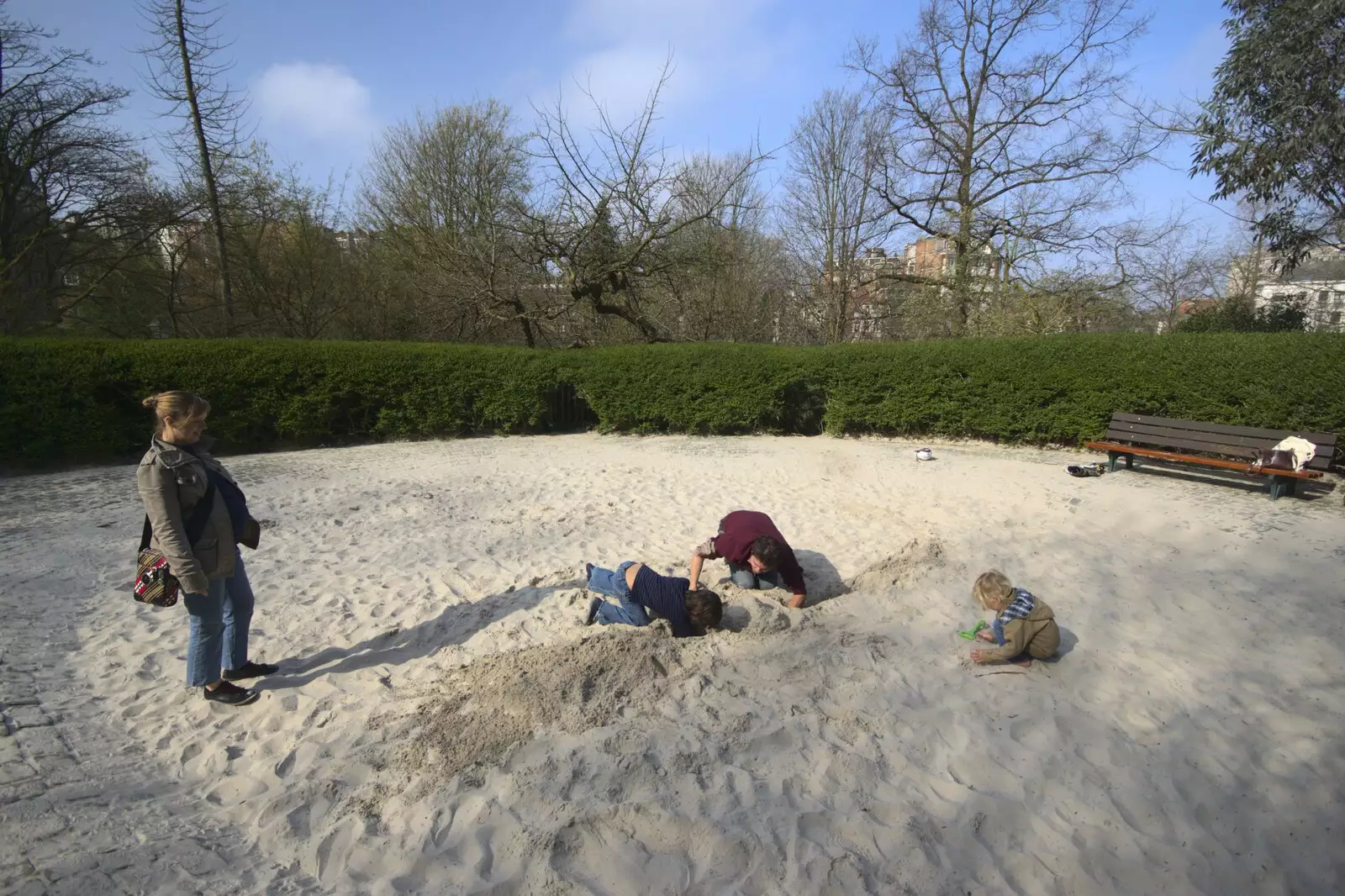 The boys are in a Brussel's sand pit, from A Day Trip to Brussels, Belgium - 5th April 2009