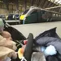 Fred sleeps as a train to Hull waits at Kings Cross, A Day Trip to Brussels, Belgium - 5th April 2009