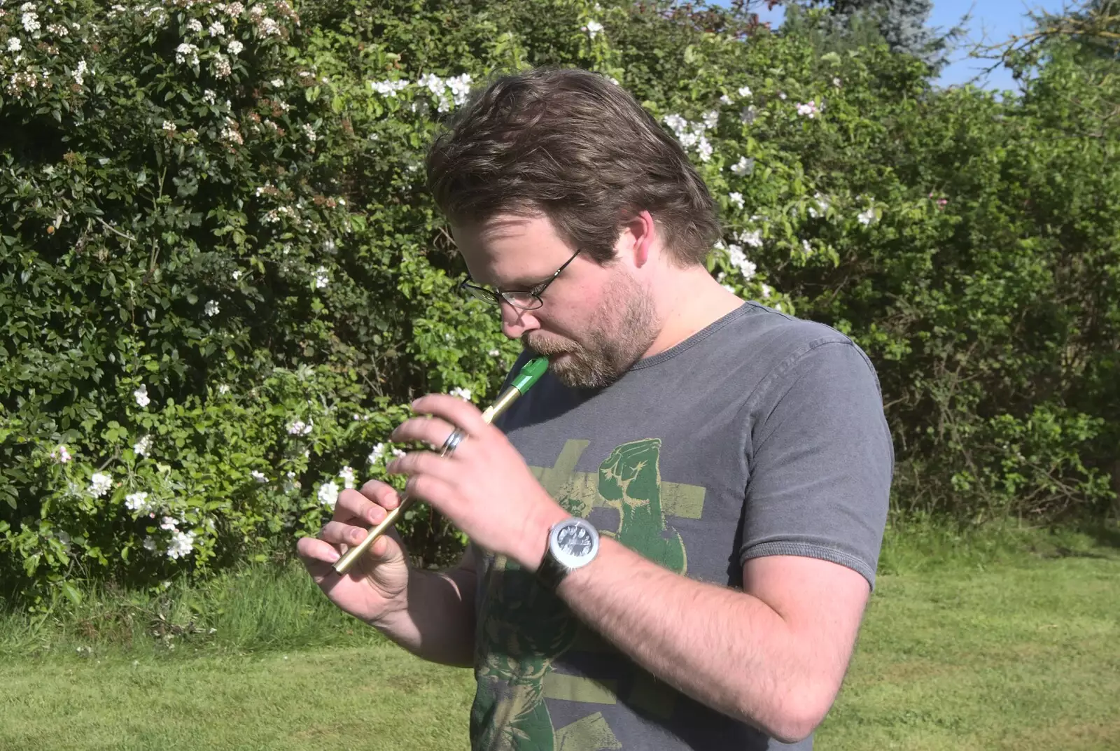 Sam plays some penny whistle, from A Visit from Rachel and Sam, Brome, Suffolk - 26th April 2009