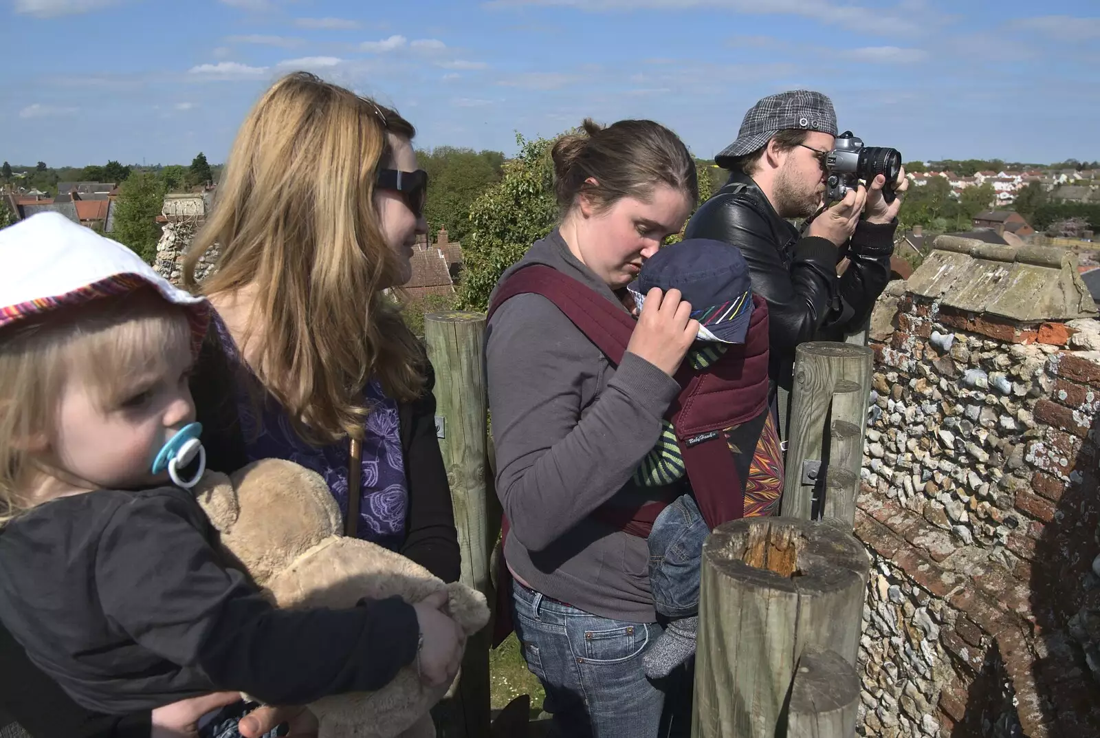 The gang on the top of Eye Castle, from A Visit from Rachel and Sam, Brome, Suffolk - 26th April 2009