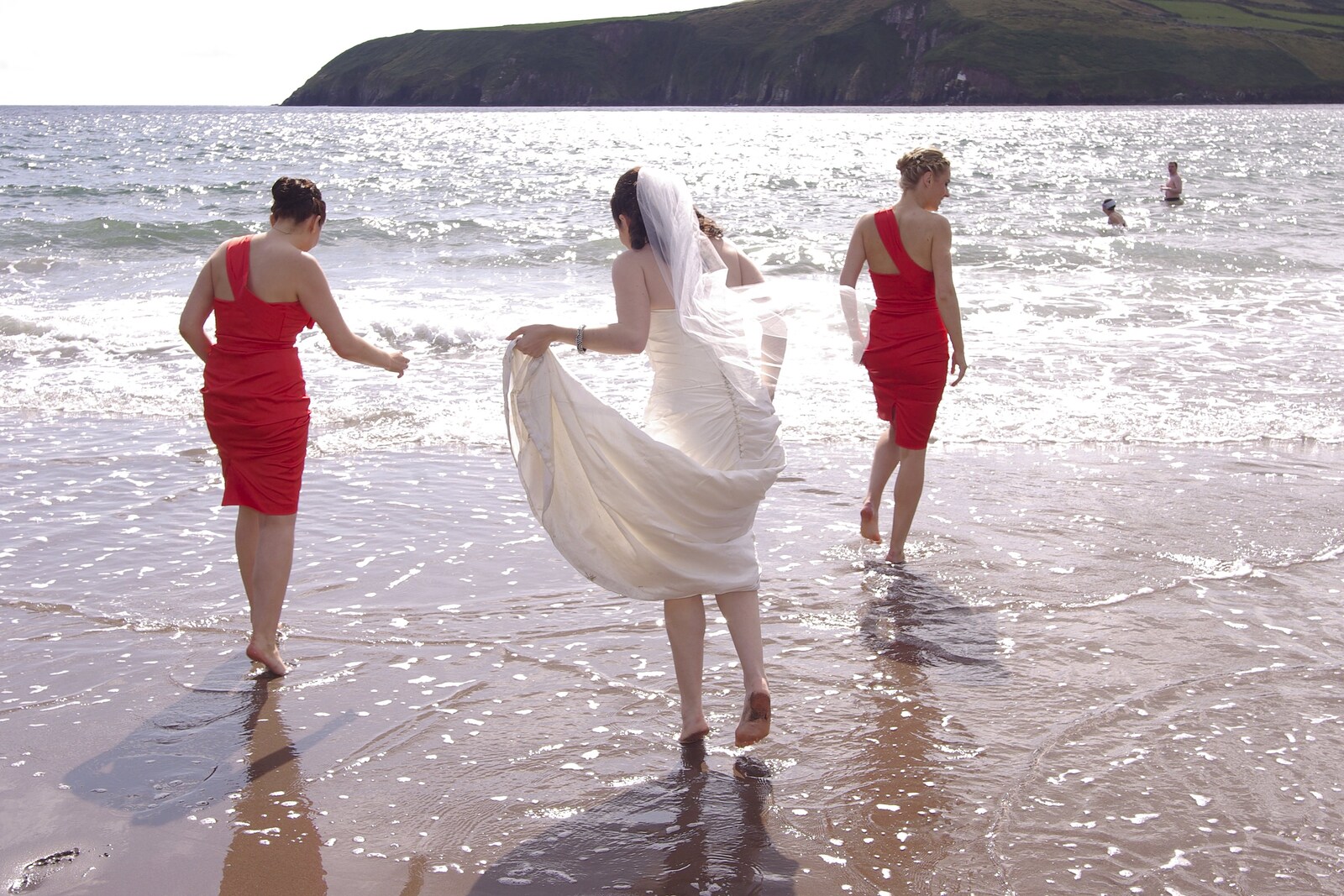 Julie and the bridesmaids get their feet wet from Julie and Cameron's Wedding, Ballintaggart House, Dingle - 24th July 2009