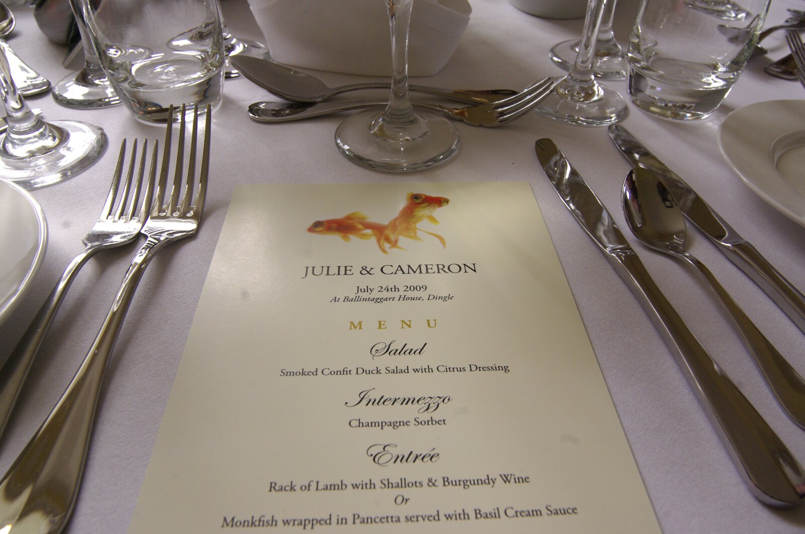 The wedding menu from Julie and Cameron's Wedding, Ballintaggart House, Dingle - 24th July 2009