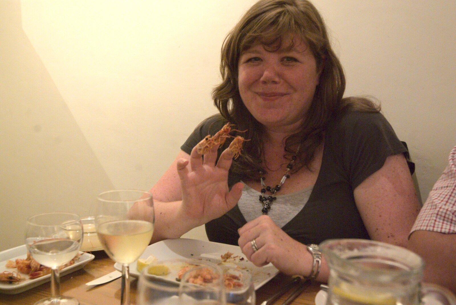 Sis does 'prawn fingers' in Lindsey House restaurant from Sis and Matt Visit, and the Kittens Are Let Out, Brome, Suffolk - 21st August 2009