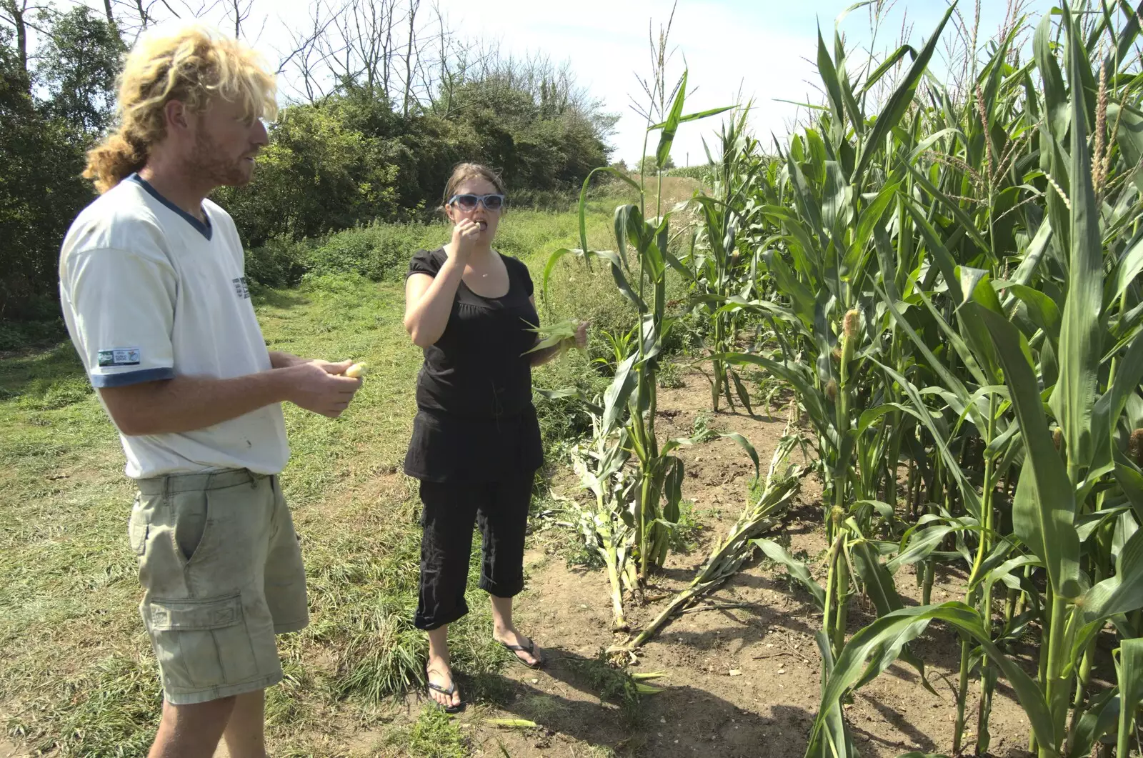 Isobel tries a bit of baby maize, from The BBs at Stradbroke, and Wavy's Cabin, Thrandeston, Suffolk - 22nd August 2009