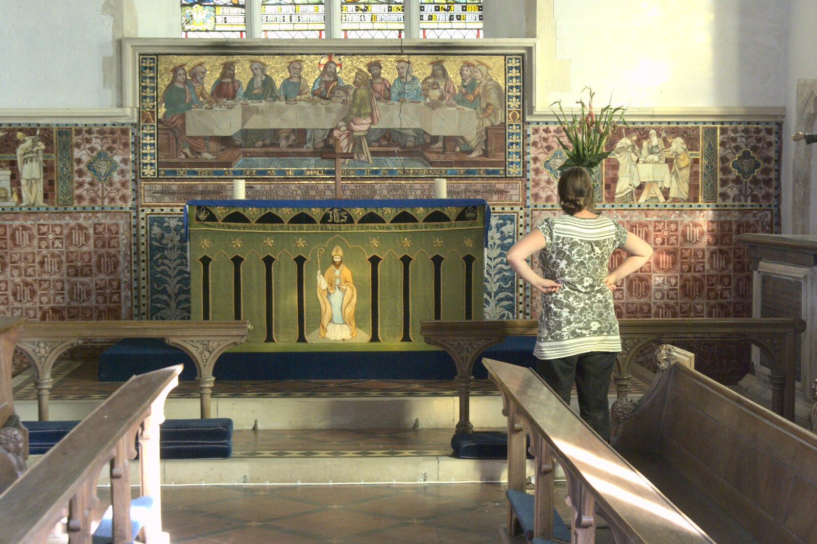 Isobel inspects the impressive Reredos from October Miscellany: A Ride to Oakley Church - 4th October 2009