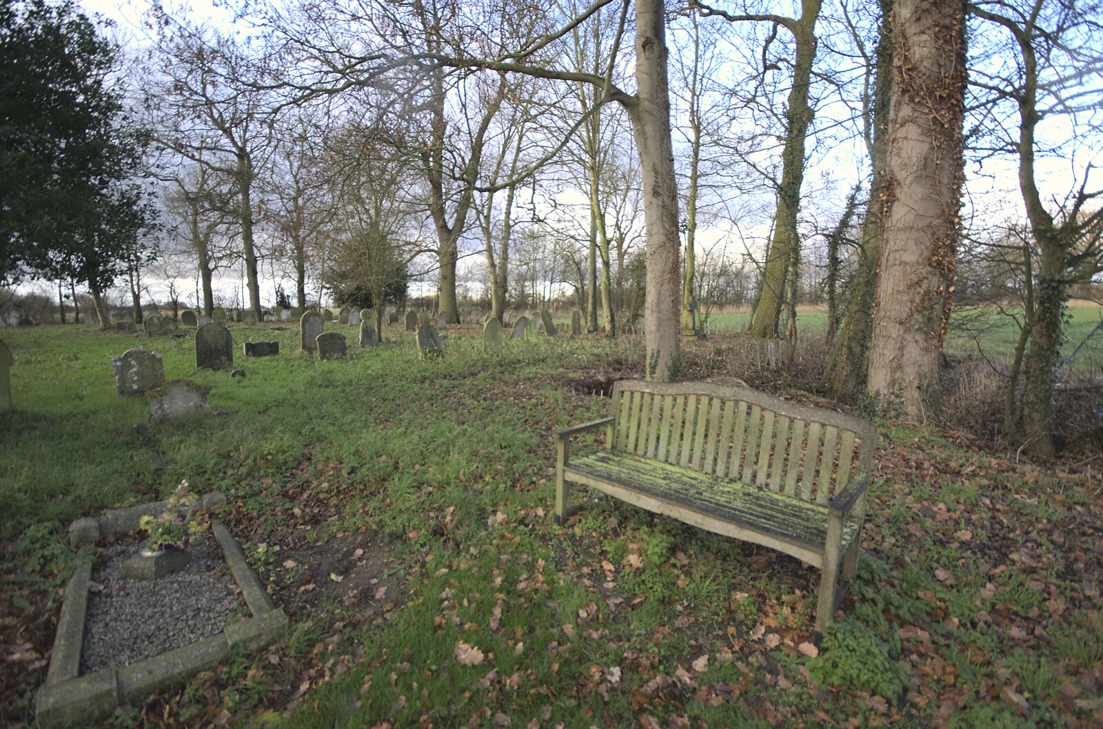 A bench in the quiet graveyard from Fred in Amandines, and The Derelict Church of St. Mary, Tivetshall, Norfolk - 13th December 2009
