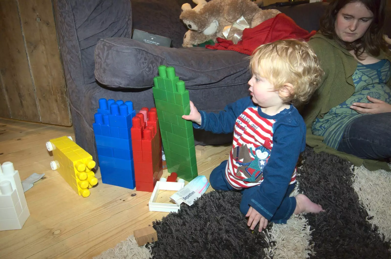 The Boy builds big towers out of Mega Blocks, from Snow in Diss, Fred Walks, and The BBs Play a Wedding, Diss and Mendlesham - 18th December 2009