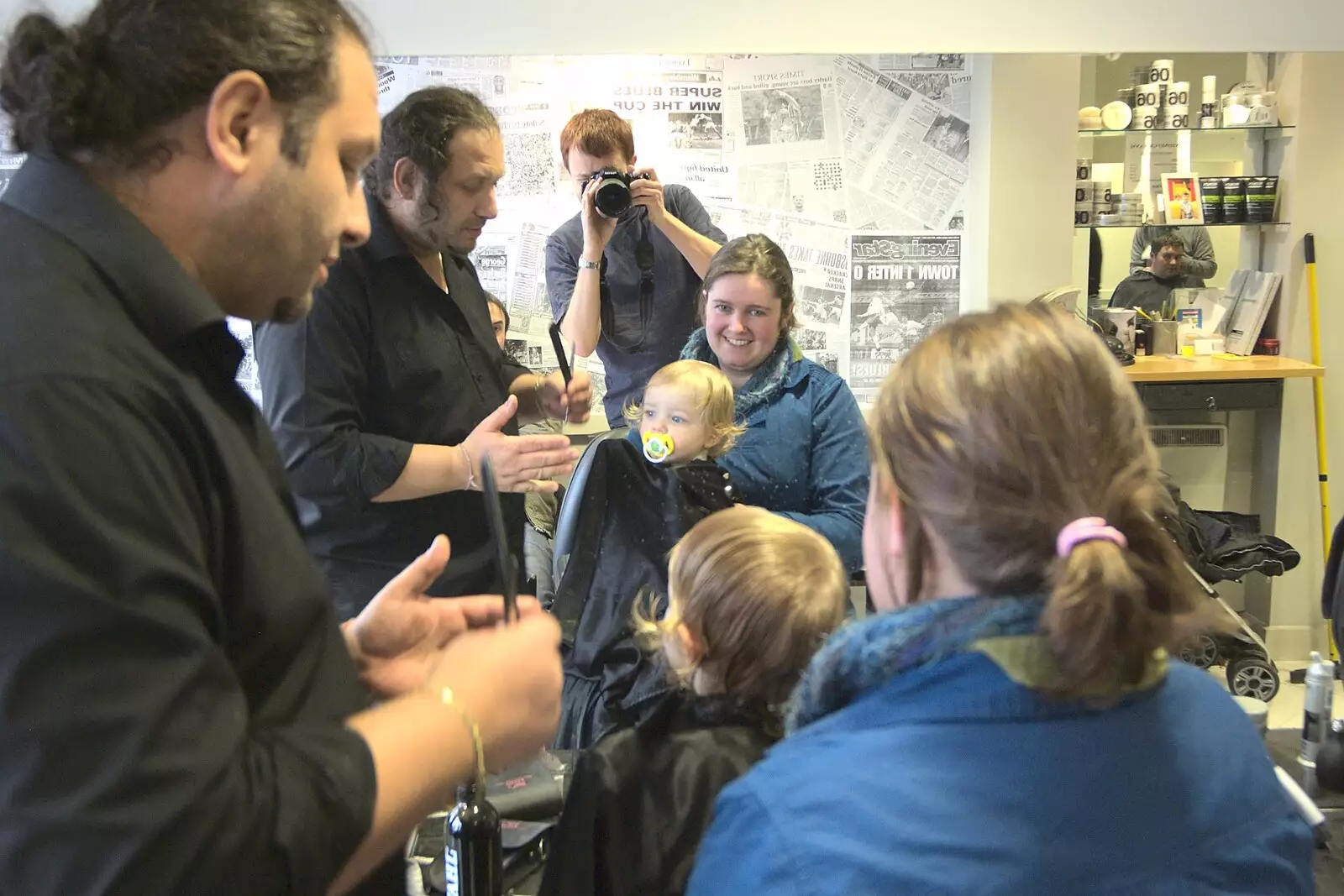 Isobel holds Fred as his locks are trimmed, from The BBs with Ed Sheeran, Fred's Haircut, and East Lane, Diss, Ipswich and Bawdsey  - 21st February 2010