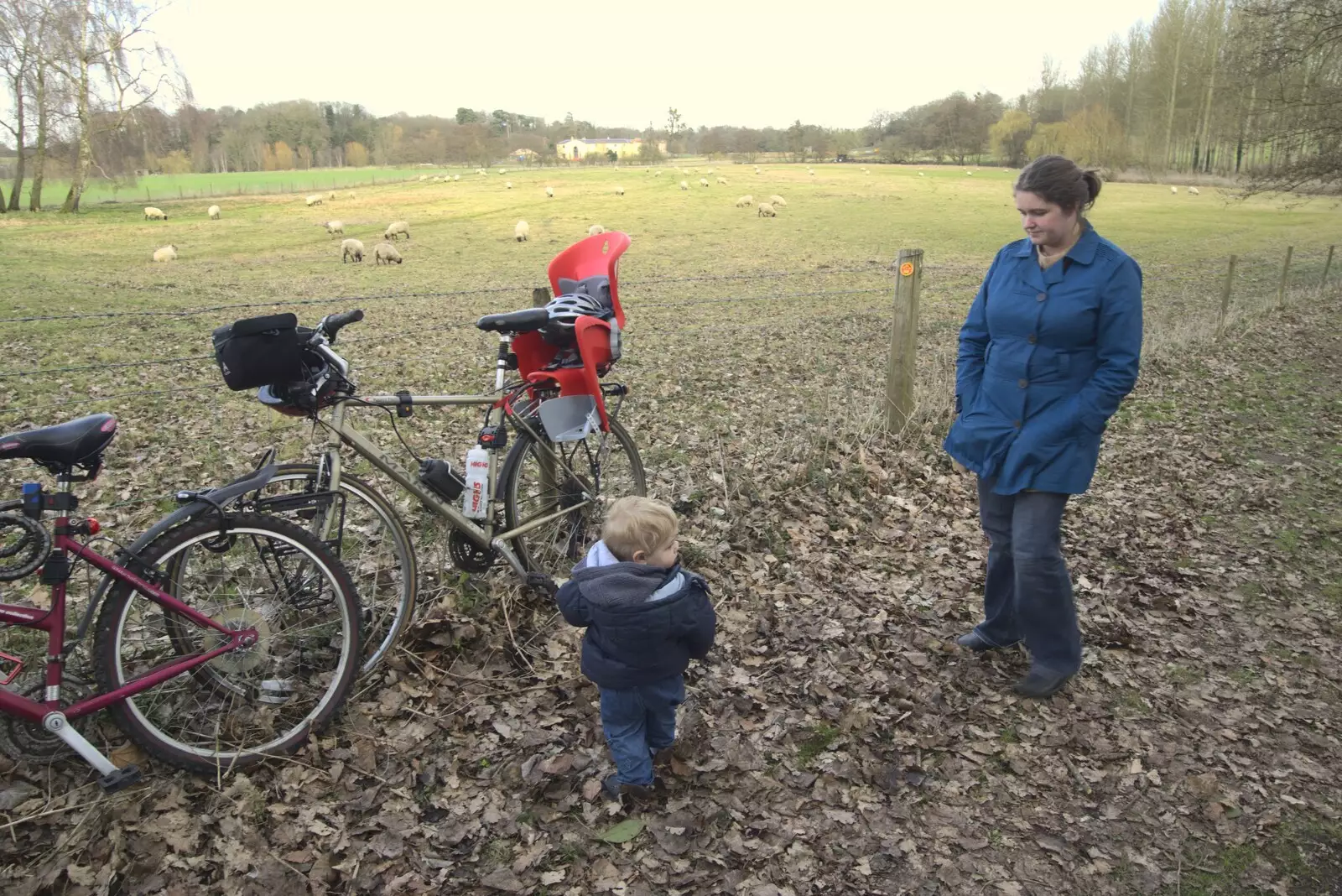 Fred, Isobel, the bike and a field of sheep, from A Cycle to The Laundries, and a Trip to Framlingham, Suffolk - 24th March 2010