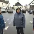 Isobel, Matt and Sis in a rainy Chagford square, Easter in Chagford and Hoo Meavy, Devon - 3rd April 2010