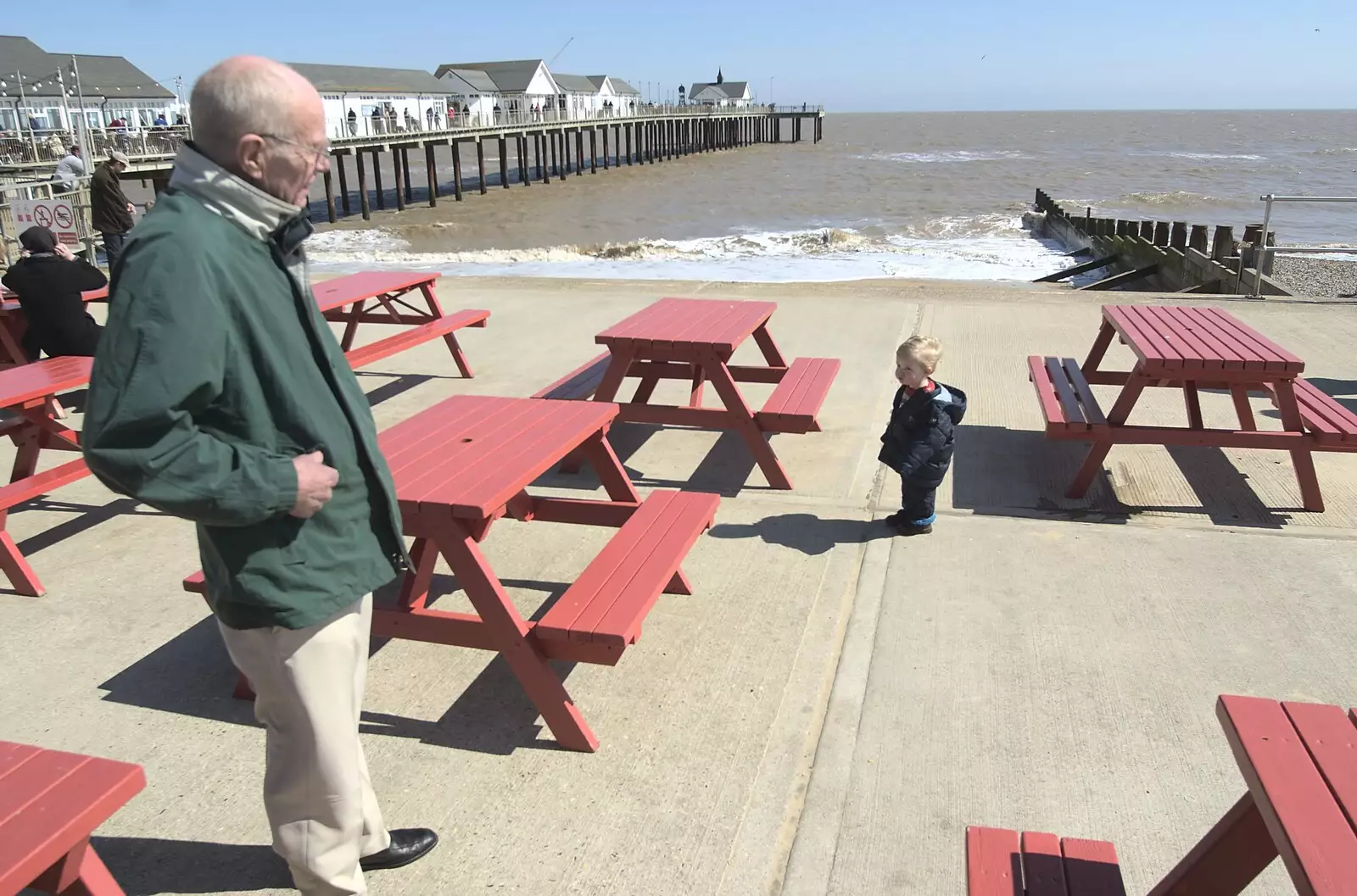 Grandad and The Boy mill around Southwold prom, from Stupid Volcanic Ash: Southwold and Stuston Farm Shop, Suffolk - 18th April 2010