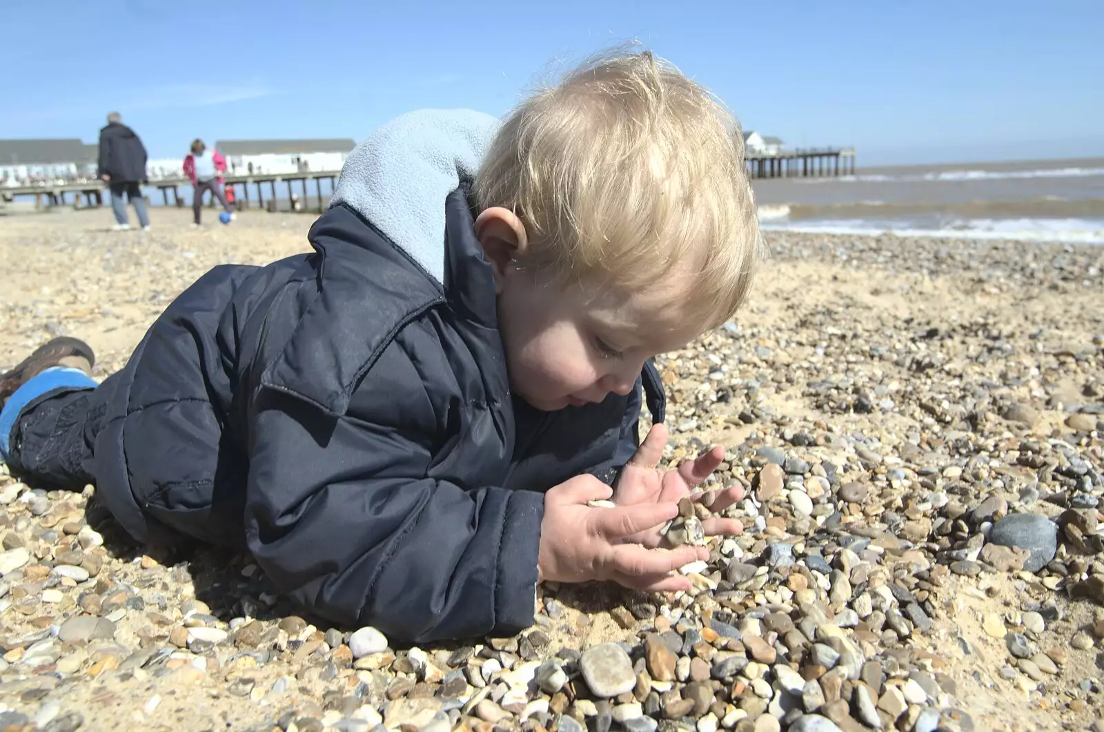 Fred gets close up to the shingle, from Stupid Volcanic Ash: Southwold and Stuston Farm Shop, Suffolk - 18th April 2010