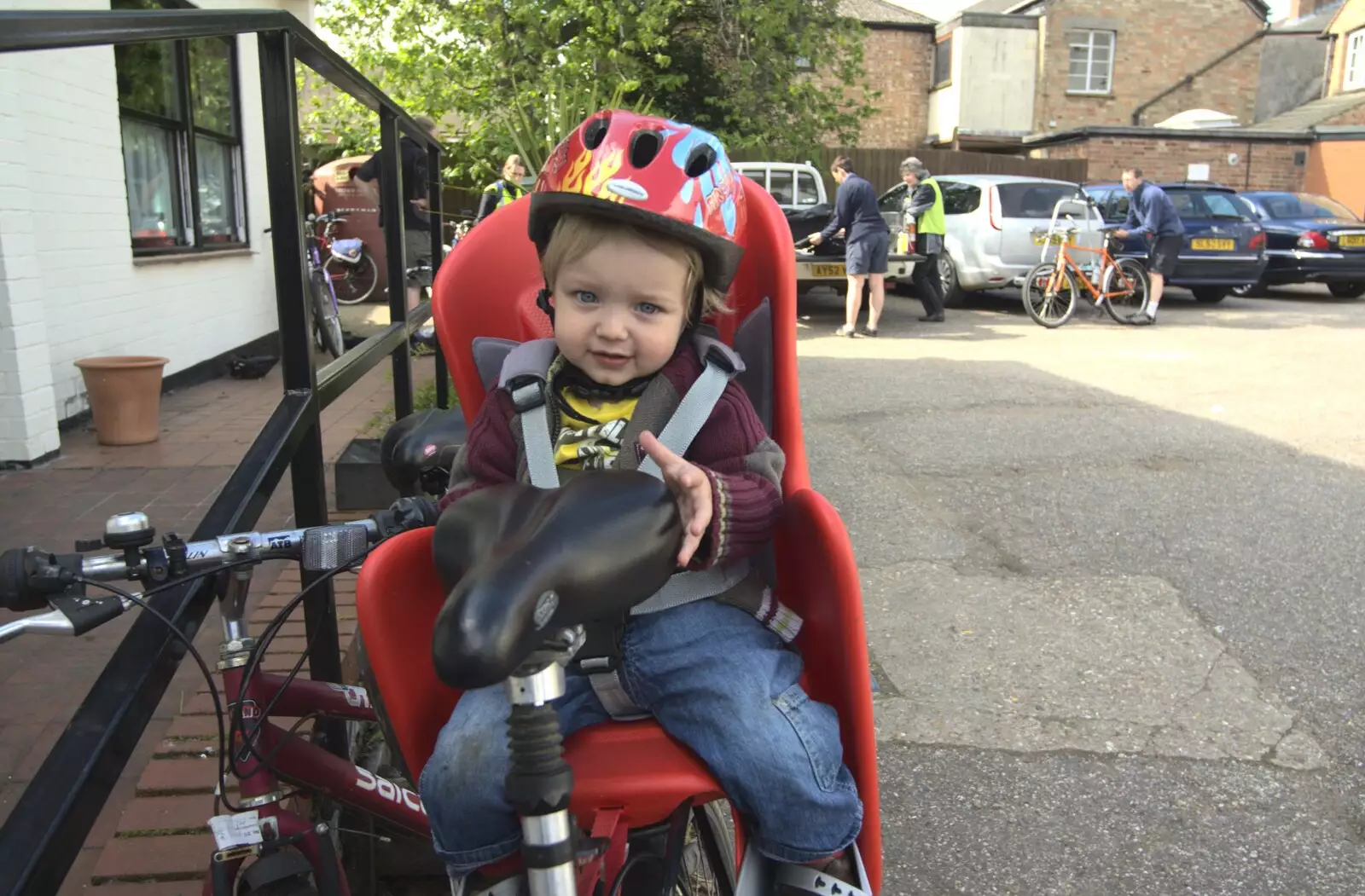 The Boy is installed on Nosher's bike, from The BSCC Weekend Away, Buckden, St. Neots, Huntingdonshire - 15th May 2010