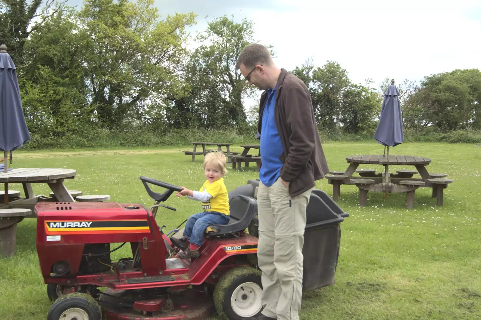 Fred sits on a ride-on lawnmower, from The BSCC Weekend Away, Buckden, St. Neots, Huntingdonshire - 15th May 2010