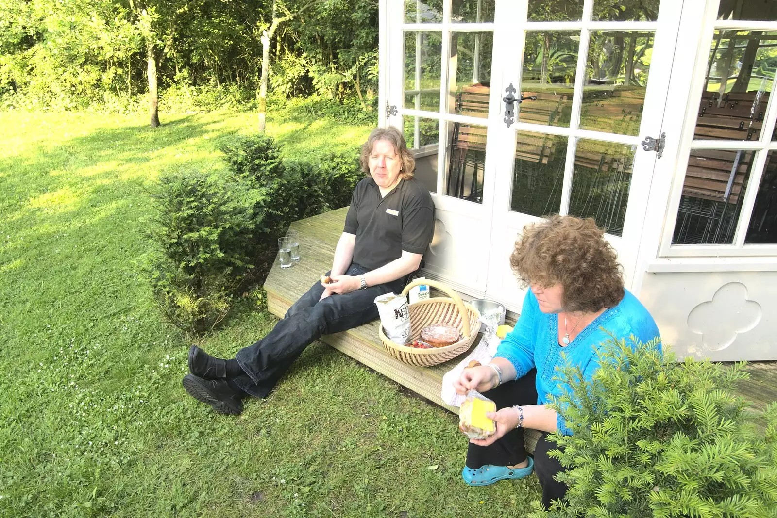 Max and Jo hang around by a summer house, from The BBs at Yaxley Hall, Yaxley, Suffolk - 11th June 2010