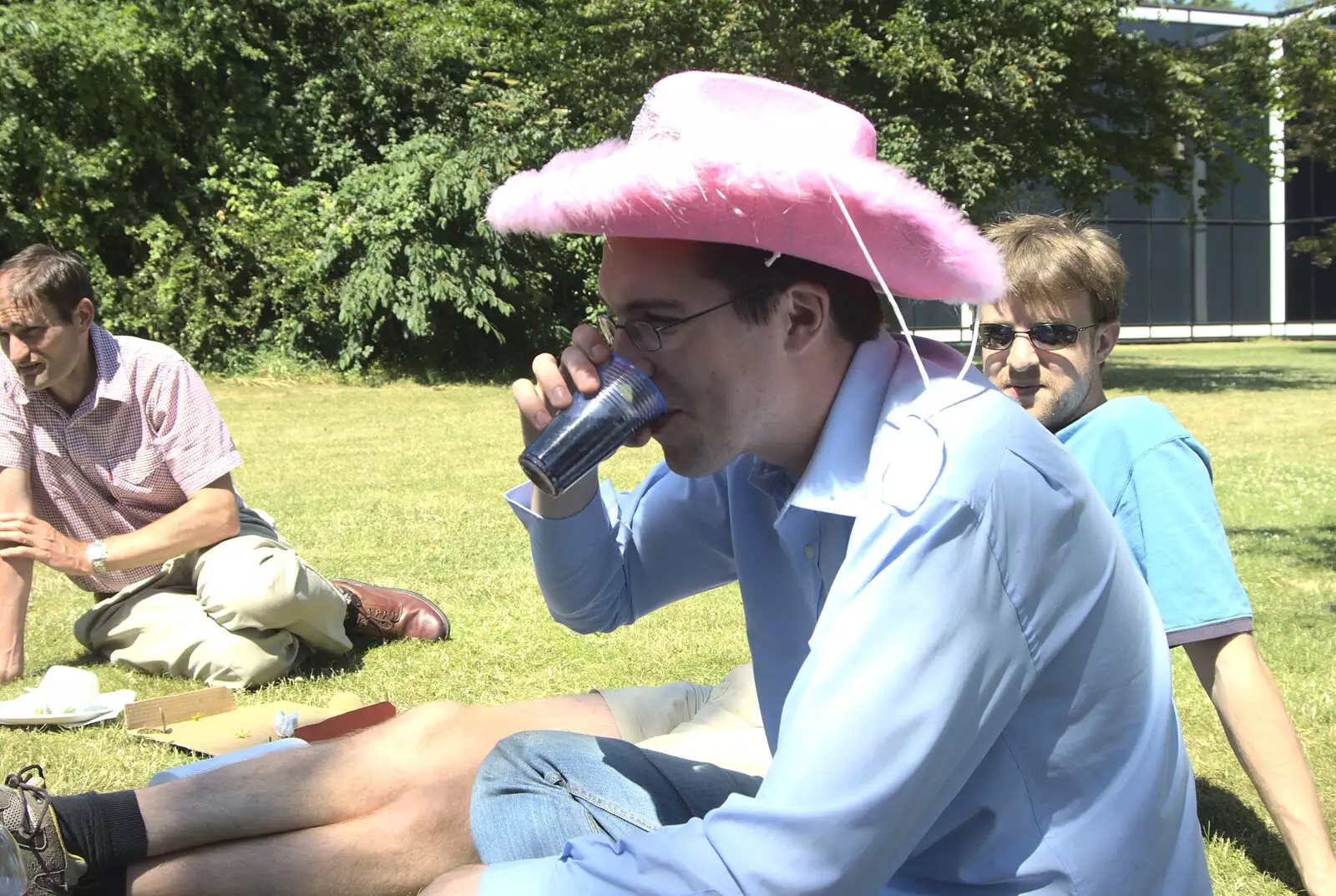 Kristian models 'the hat', from A Taptu Science Park Picnic, and Wedding Guests Arrive, Cambridge and Brome, Suffolk - 1st July 2010