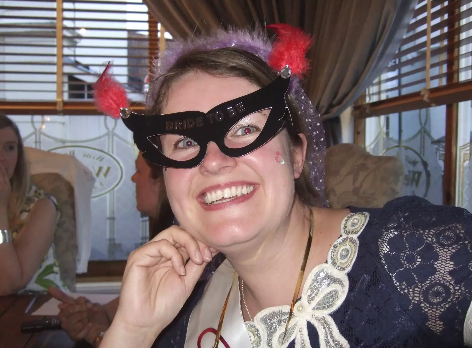 Isobel's got some Dame Edna glasses on, from Wedding-Eve Beers at The Swan Inn, Brome, Suffolk - 2nd July 2010