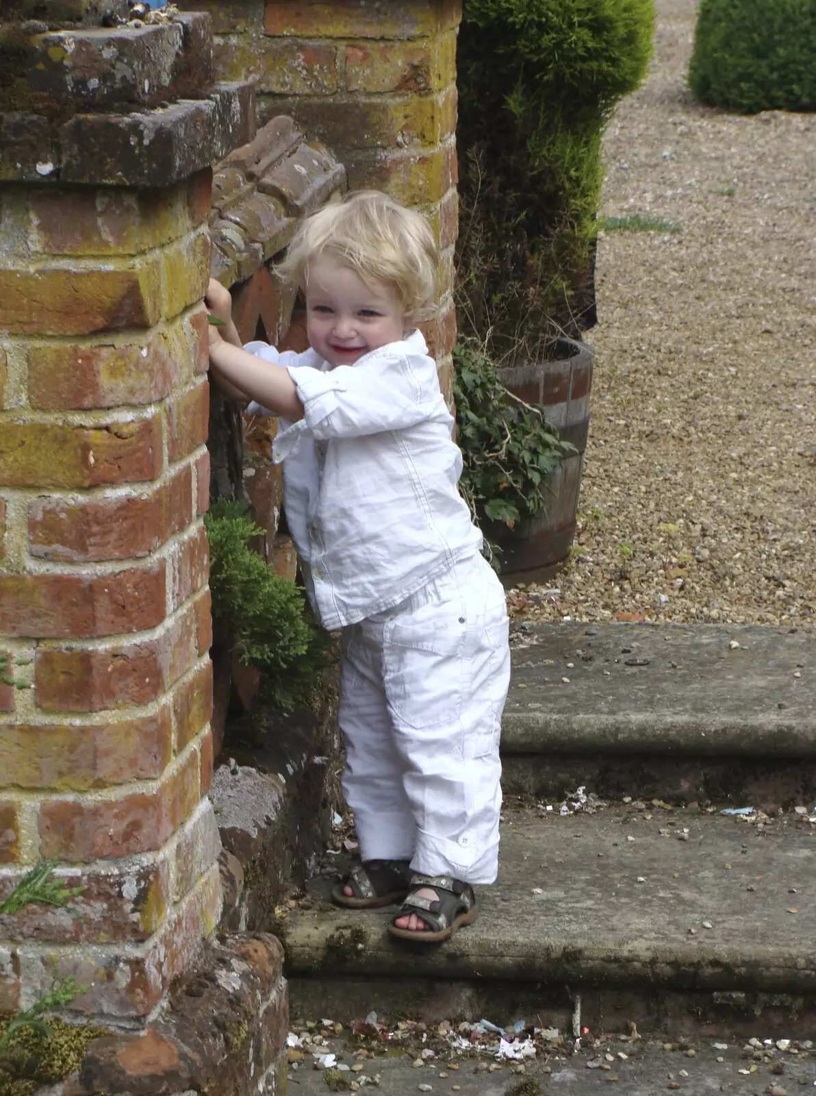 Fred hangs on to a wall, from Nosher and Isobel's Wedding, Brome, Suffolk - 3rd July 2010