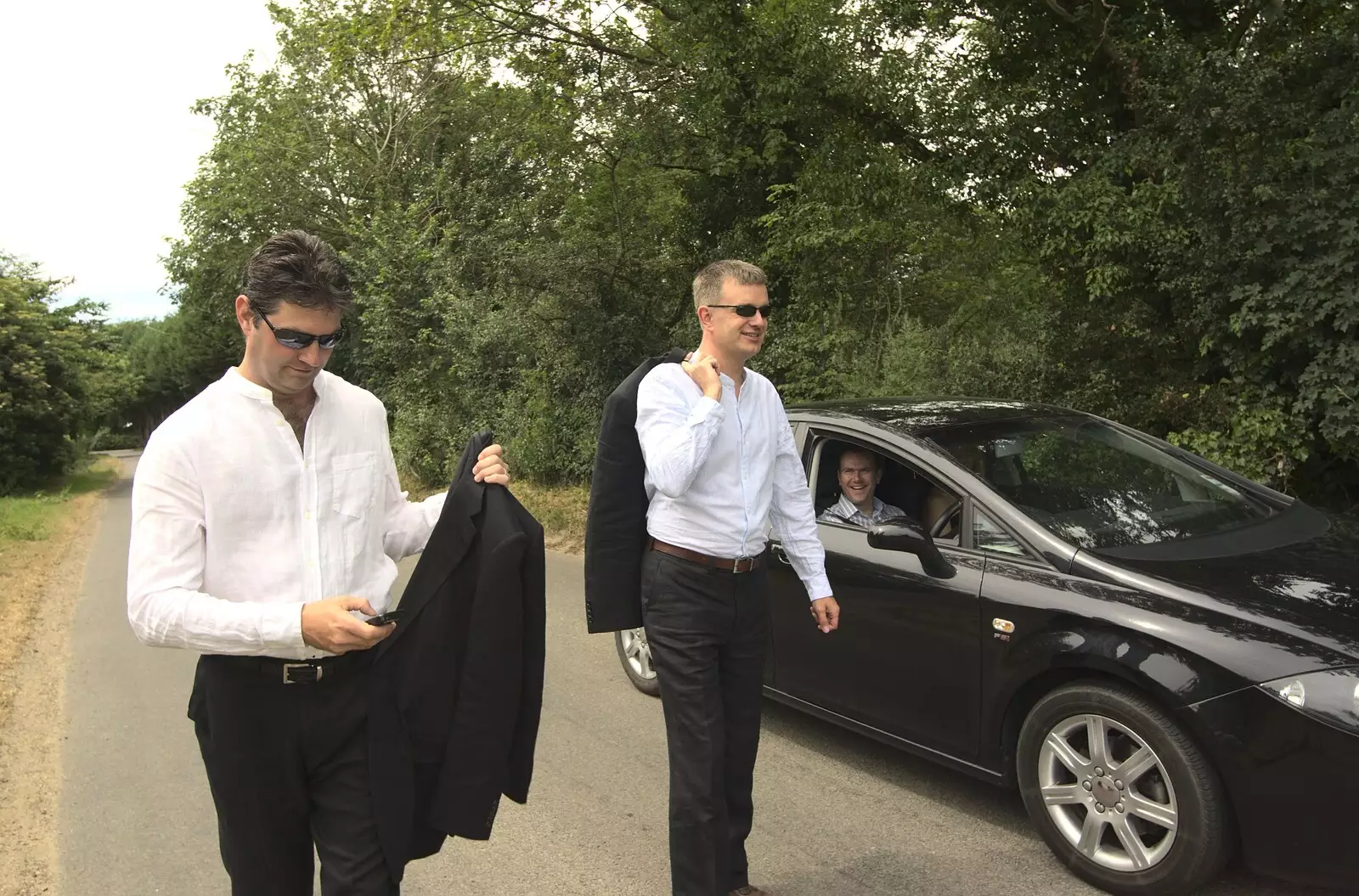 Sean and Nosher wander down the road, from Nosher and Isobel's Wedding, Brome, Suffolk - 3rd July 2010