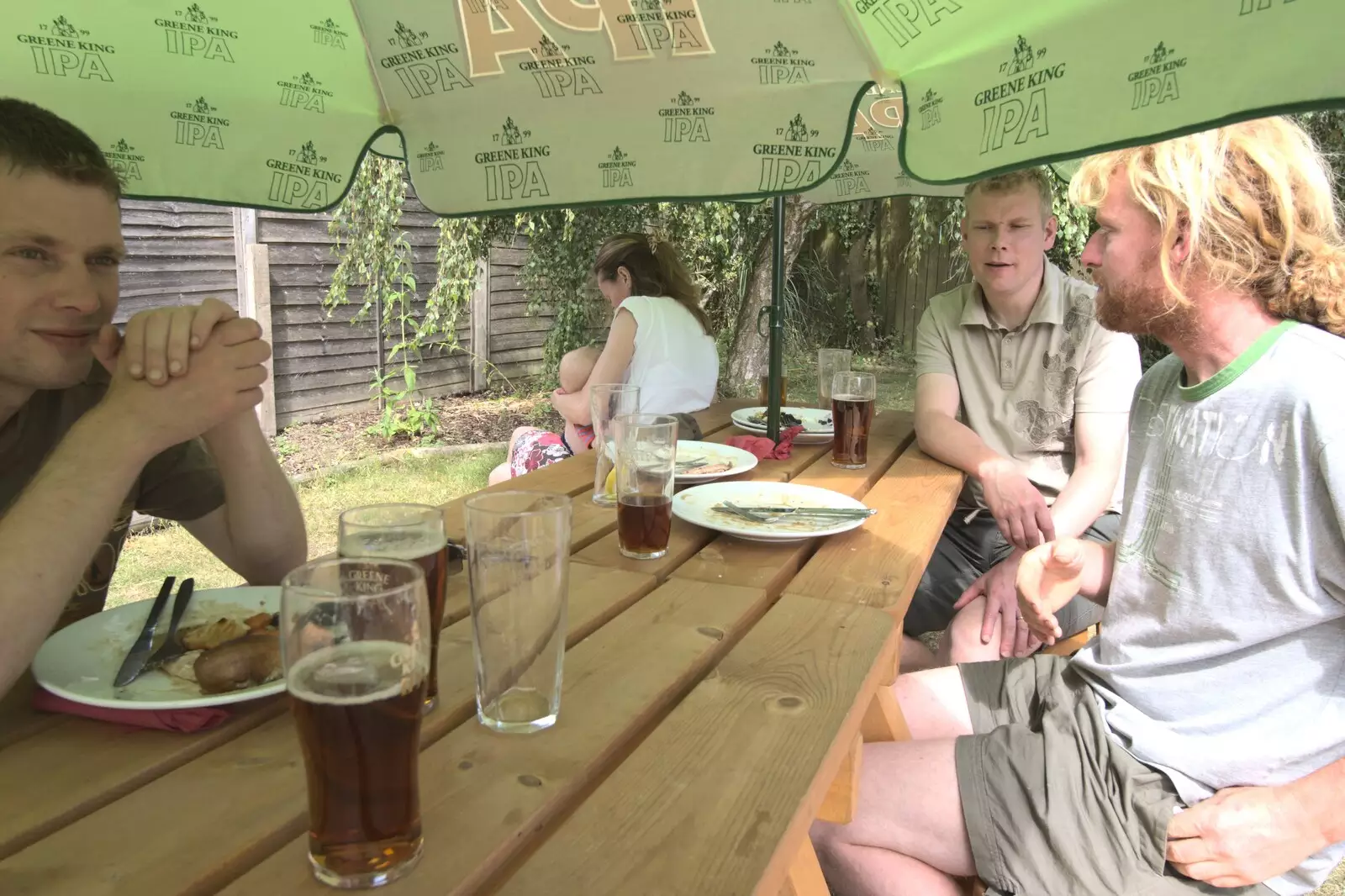 Phil, Bill and Wavy under a parasol, from Nosher and Isobel's Wedding, Brome, Suffolk - 3rd July 2010