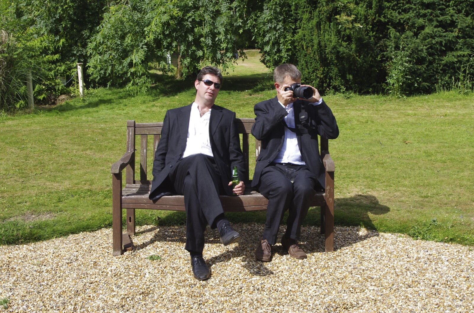 Sean and Nosher on a bench from Nosher and Isobel's Wedding, Brome, Suffolk - 3rd July 2010