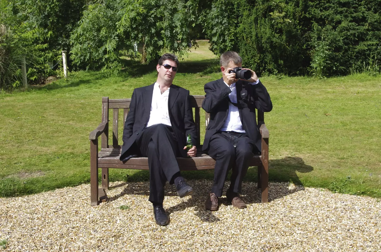 Sean and Nosher on a bench, from Nosher and Isobel's Wedding, Brome, Suffolk - 3rd July 2010