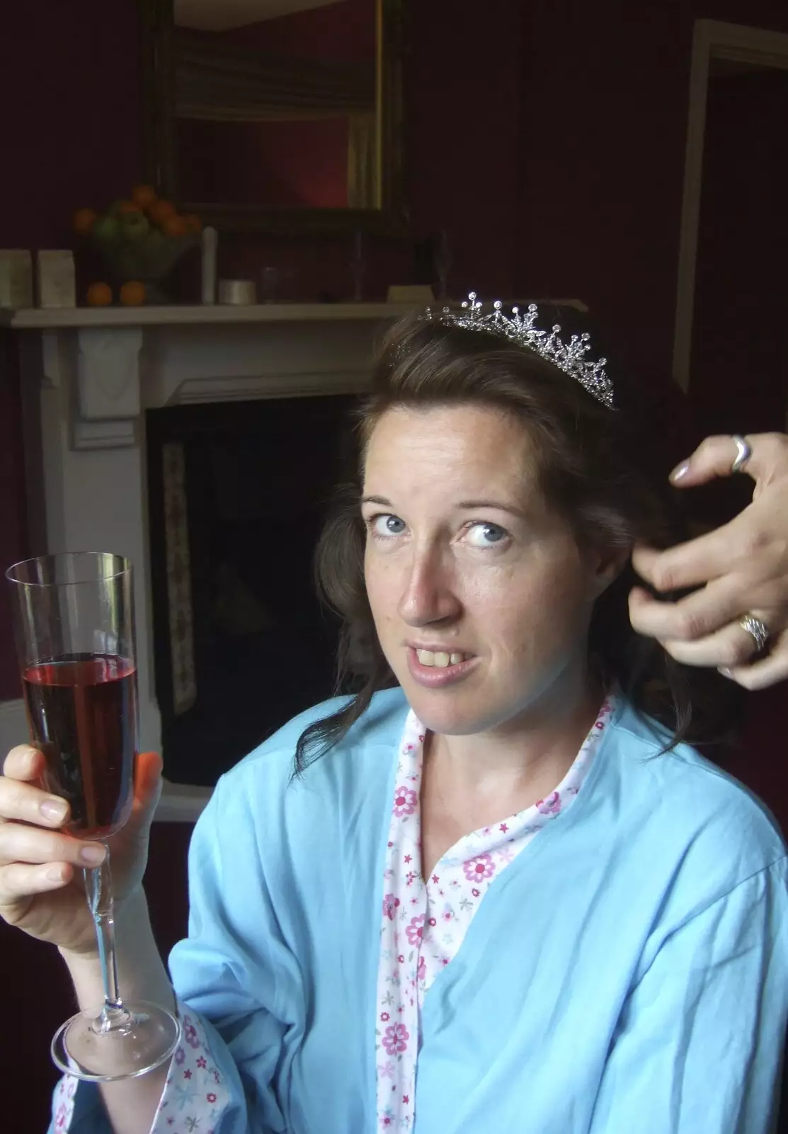 Suzanne's got a glass of something, from Clive and Suzanne's Wedding, Oakley and Brome, Suffolk - 10th July 2010