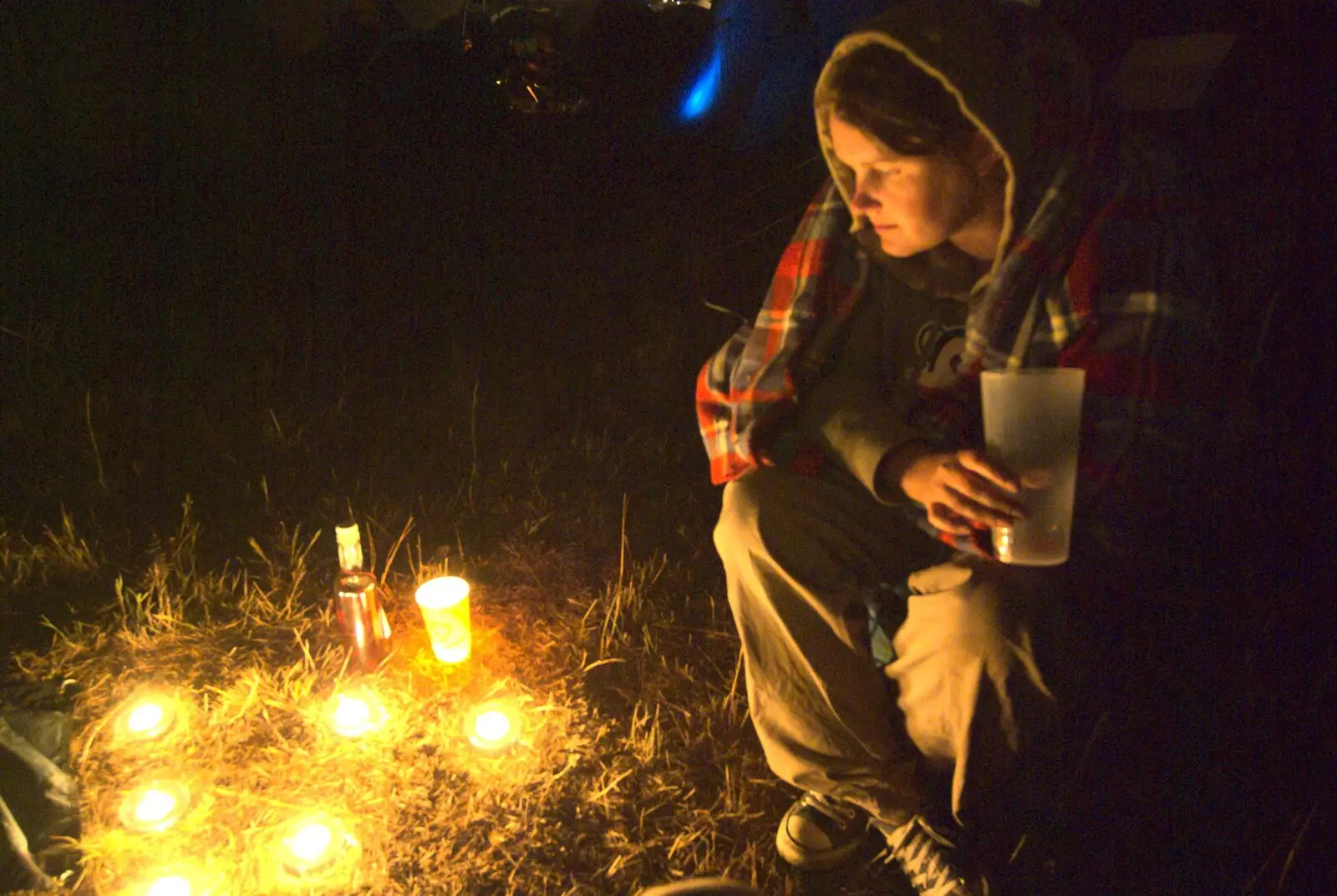 We huddle around tea-lights and drink sloe gin, from The Fifth Latitude Festival, Henham Park, Suffolk - 16th July 2010