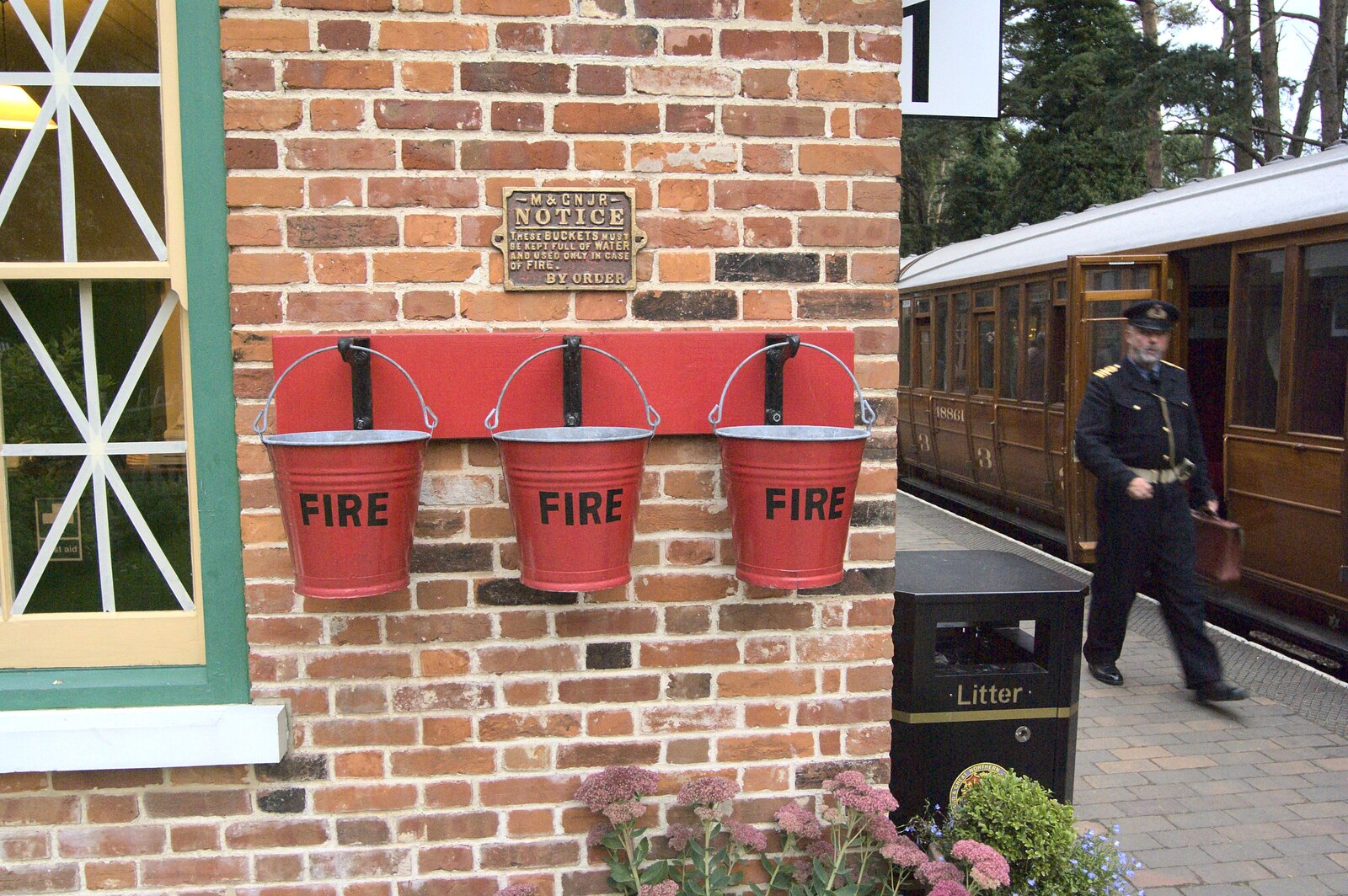 Three red fire buckets from A 1940s Steam Weekend, Holt and Sheringham, Norfolk - 18th September 2010