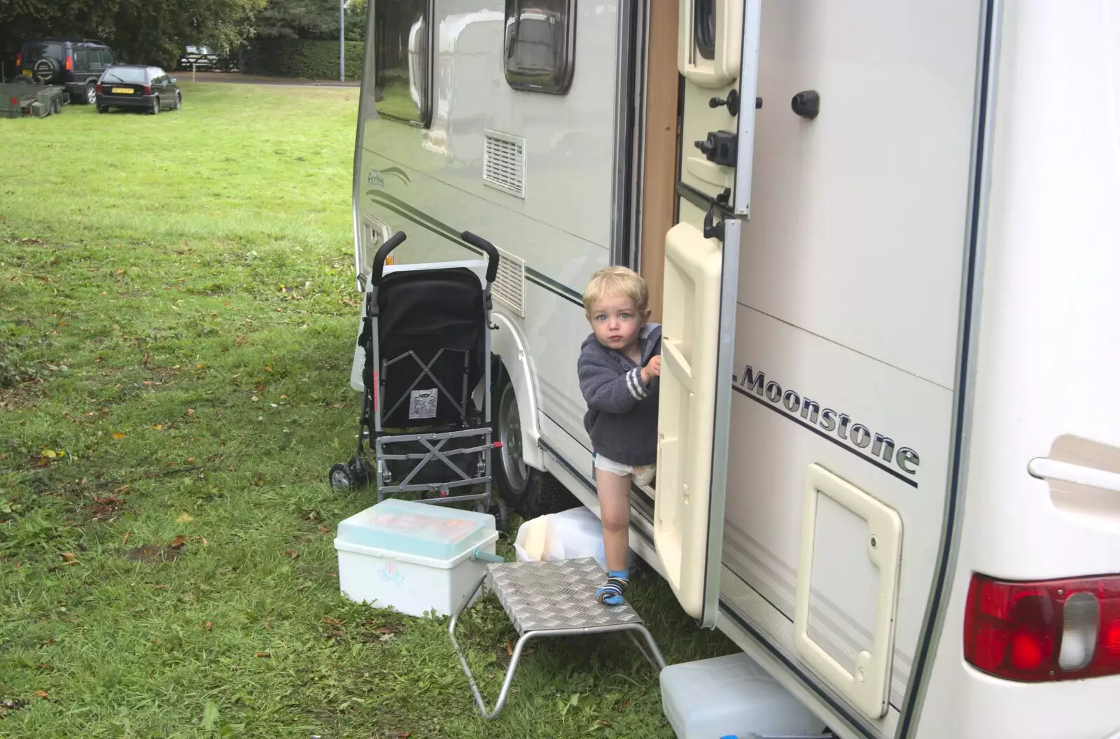 Fred peers out of Clive and Suzanne's caravan, from A 1940s Steam Weekend, Holt and Sheringham, Norfolk - 18th September 2010