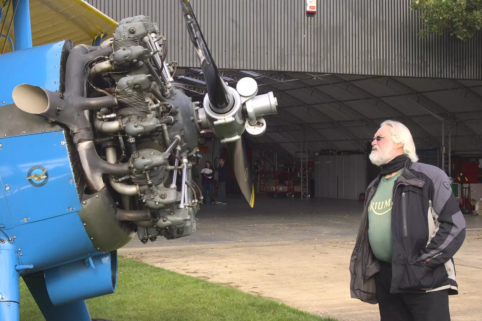 Inspecting the radial engine of a Stearman, from Maurice Mustang's Open Day, Hardwick Airfield, Norfolk - 17th October 2010