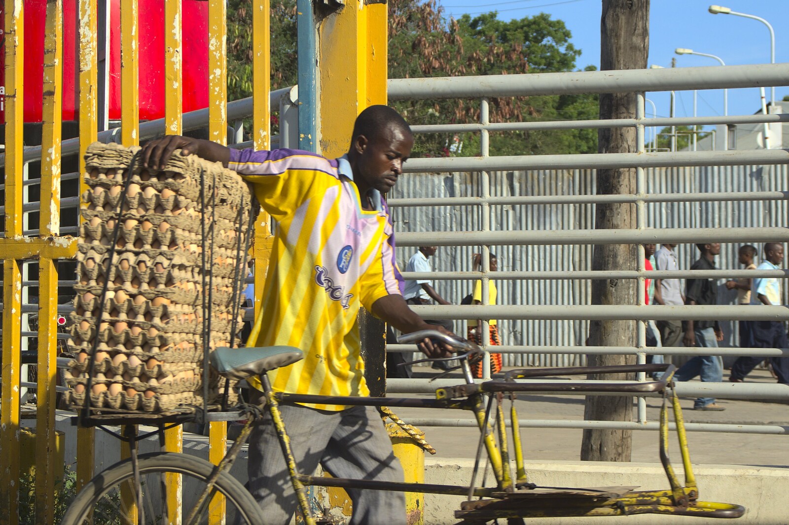 Long Train (not) Runnin': Tiwi Beach, Mombasa, Kenya - 7th November 2010: A dude with a large stack of eggs on his bike