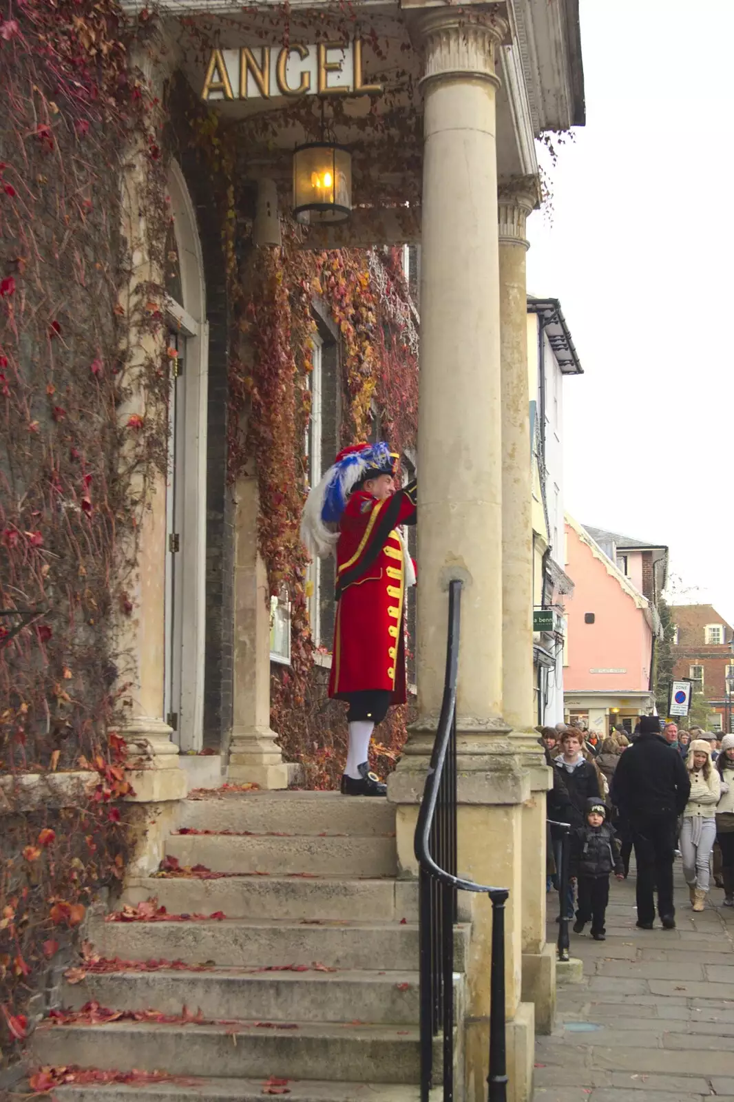 A Town Cryer finishes his speech on the Angel steps, from A Christmas Fair, Bury St. Edmunds, Suffolk - 28th November 2010