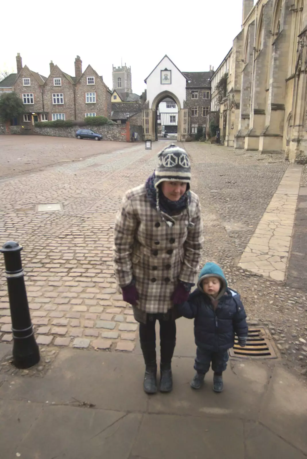 Isobel and Fred outside Norwich Cathedral, from Christmas Day at the Swan Inn, and some Festive Trips, Brome, Knettishall and Norwich - 25th December 2010