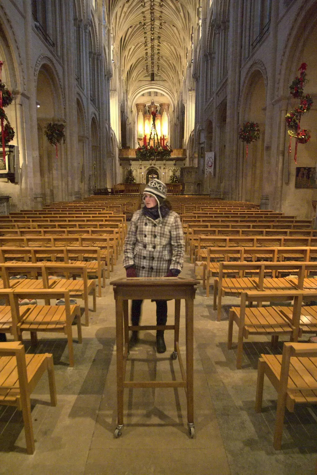 Isobel in the nave at Norwich, from Christmas Day at the Swan Inn, and some Festive Trips, Brome, Knettishall and Norwich - 25th December 2010