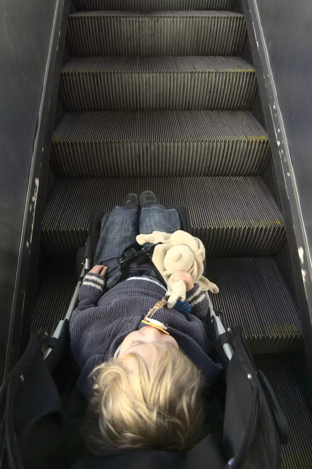 Fred on an escalator, from A Week in Monkstown, County Dublin, Ireland - 1st March 2011