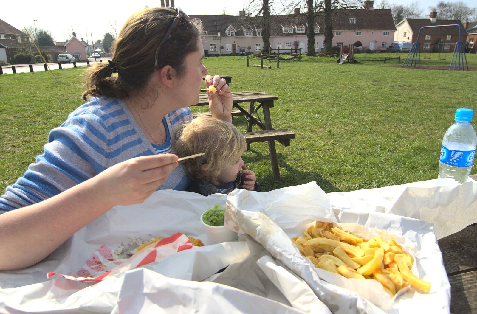 Isobel and Fred eat Fish 'n' Chips on Fair Green from Nosher's Last Bumbles, Bressingham, Norfolk - 25th March 2011