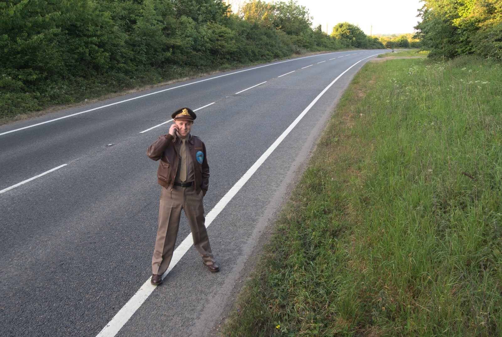 The Bressingham Blitz 1940s Dance, Bressingham Steam Museum, Norfolk - 21st May 2010: John makes a call to the AA on the A413 near Stuston