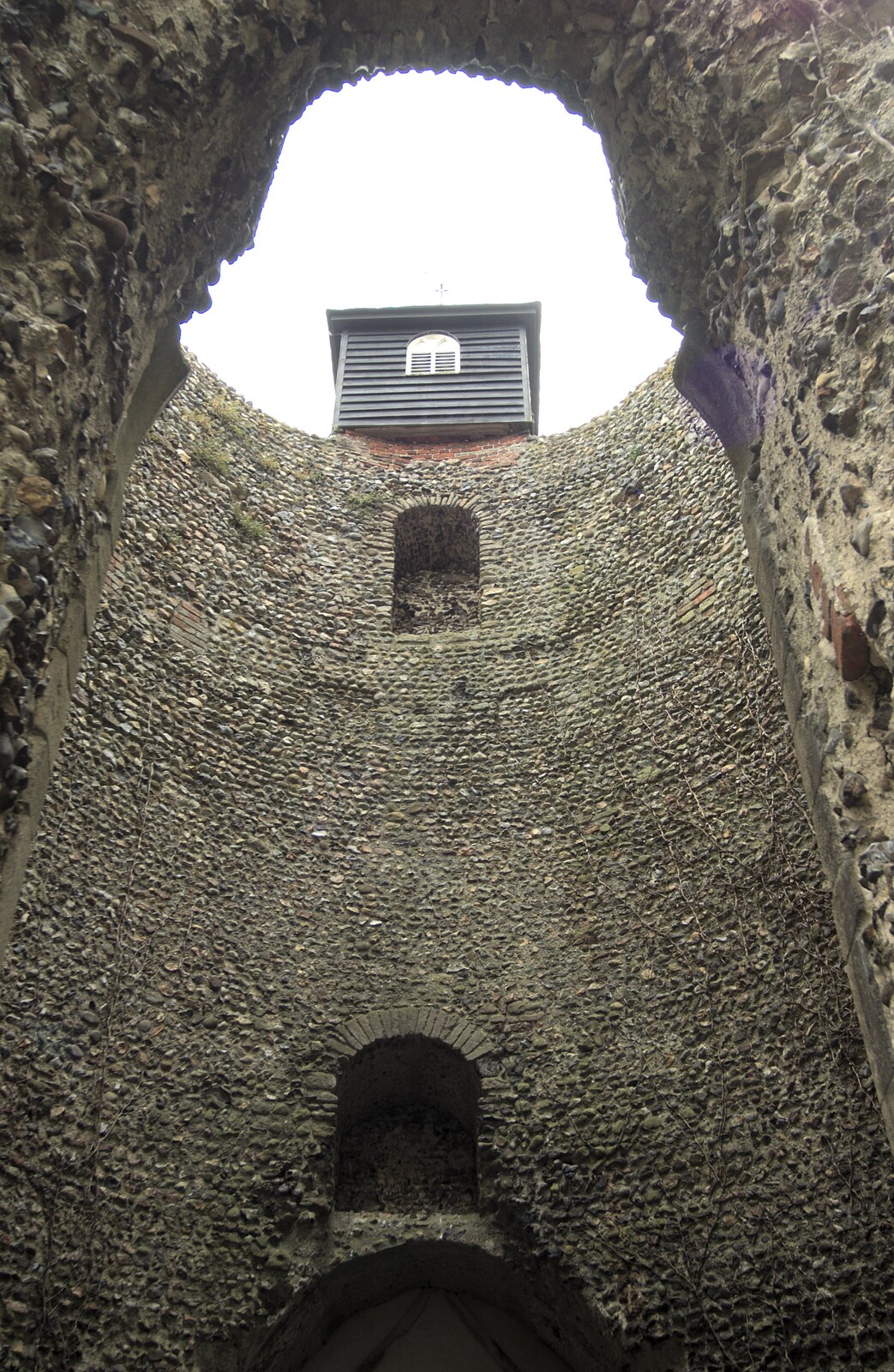 A view up the collapsed round tower from A Christening at St. Mary's Church, Wortham, Suffolk - 12th June 2011