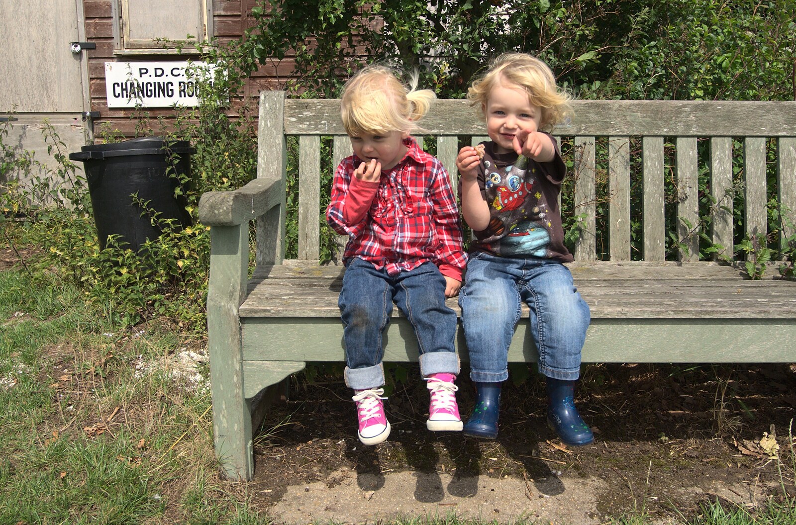 Fred and Milly sit on a bench from Fred's First Sports Day, Palgrave, Suffolk - 18th June 2011