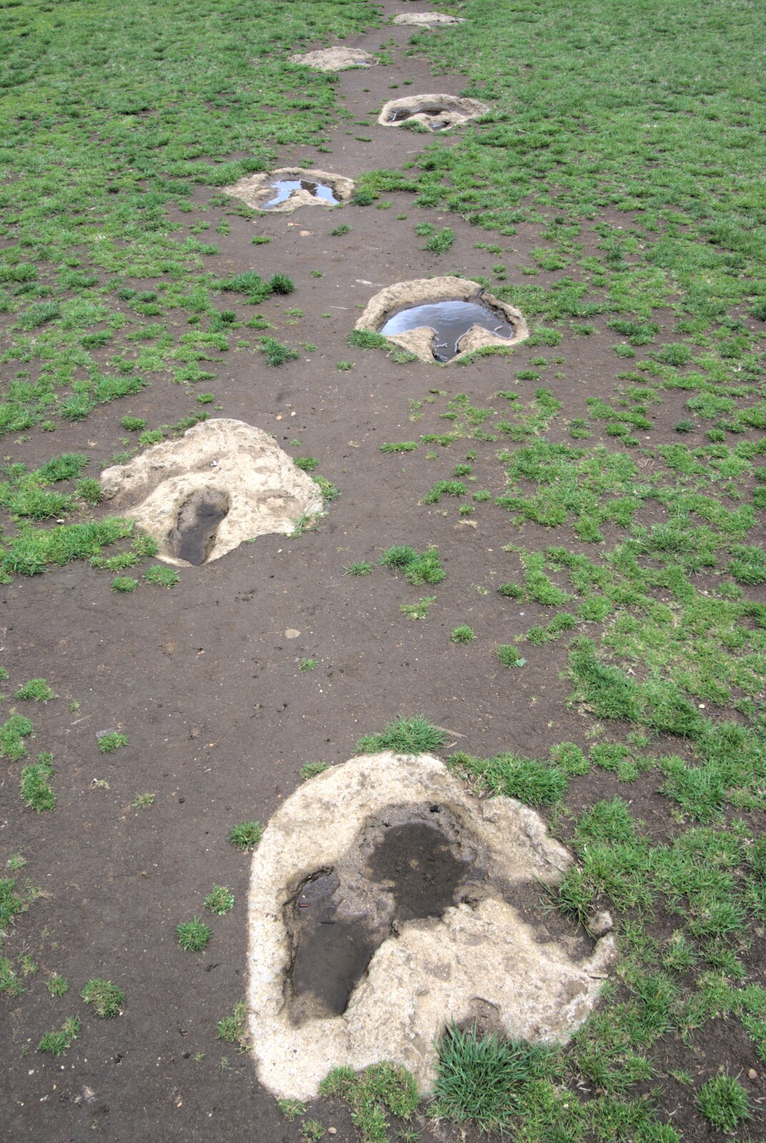 Fake dinosaur footprints are stuck in the ground from A Camper Van Odyssey: Oxford, Salisbury, New Forest and Barton-on-Sea - 19th June 2011