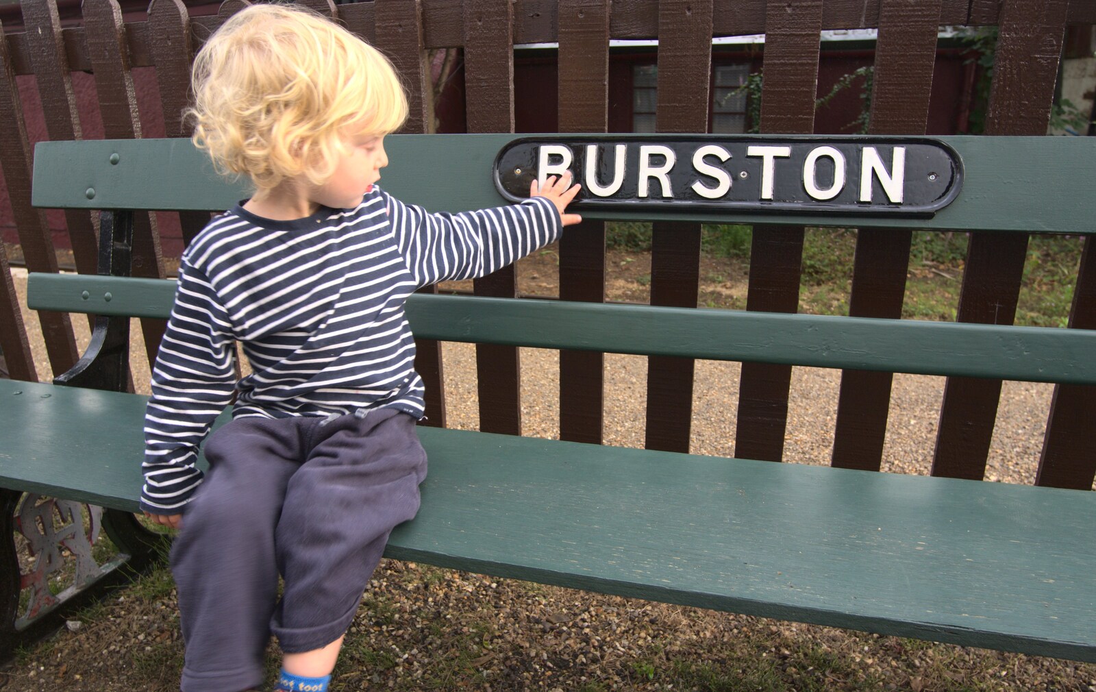 Fred sits on a bench from Burston railway station from A Few Hours at the Bressingham Steam Museum, Bressingham, Norfolk - 2nd July 2011