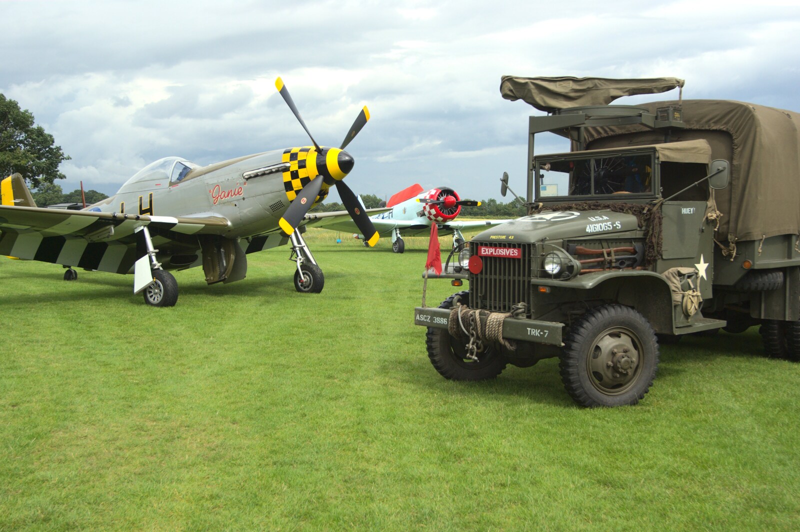 Janie, the Harvard and a US-Army truck from Nosher Flies in a P-51D Mustang, Hardwick Airfield, Norfolk (and the Whole of Suffolk) - 17th July 2011