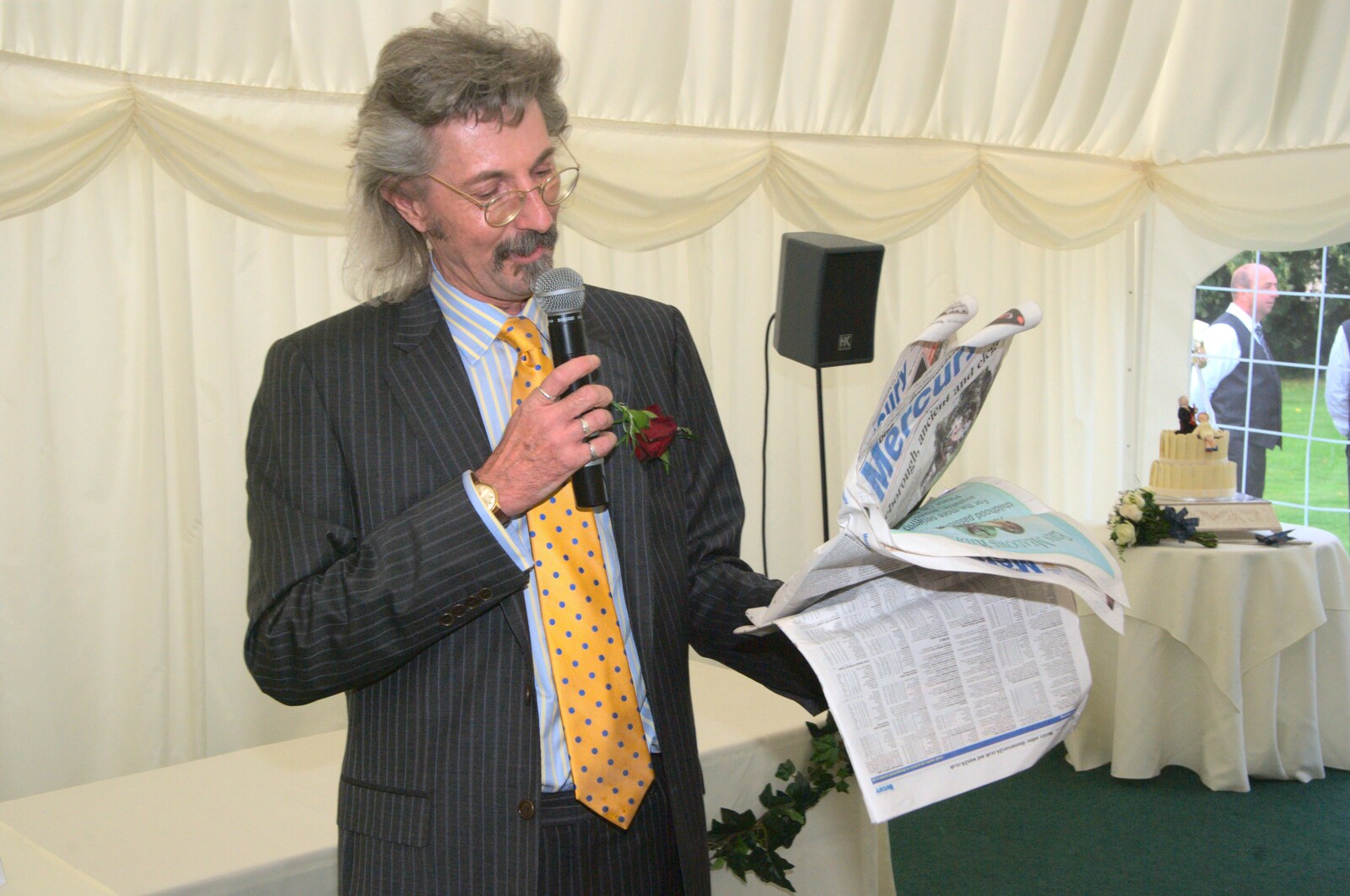 Rob does his speech, quoting from the Diss Mercury from Rob and Wilma's Wedding, Thornham and Thrandeston, Suffolk - 6th August 2011