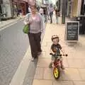 Fred trundles up Mere Street on his new bike, Railway Graffiti, Fred's Balance Bike, and Lydia Visits - London and Brome, Suffolk, 24th August 2011