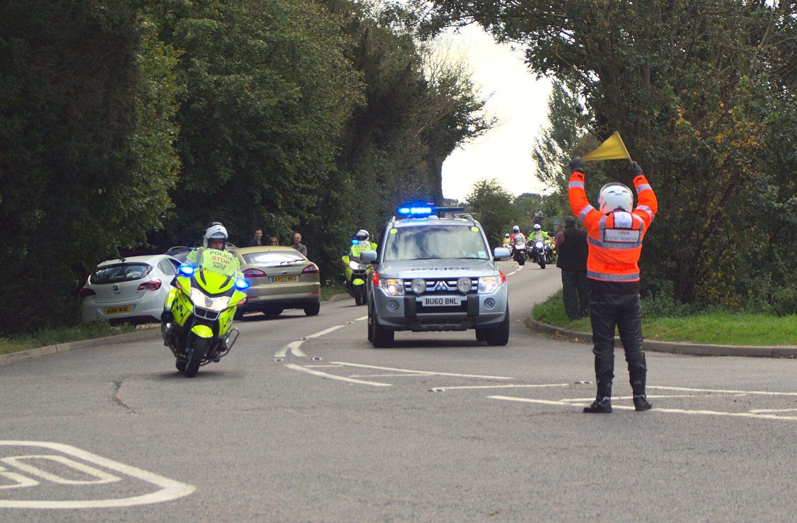Motorbike outriders steam down the B1077 from The Tour of Britain, Brome, Suffolk - 17th September 2011